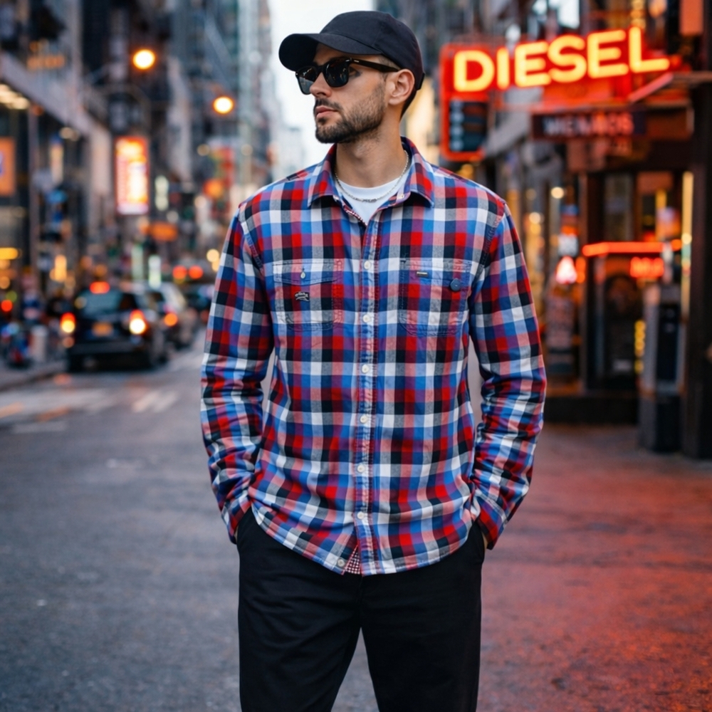 Diesel 100% Cotton Plaid Button Down Shirt Red Blue Check Casual Classic Men's